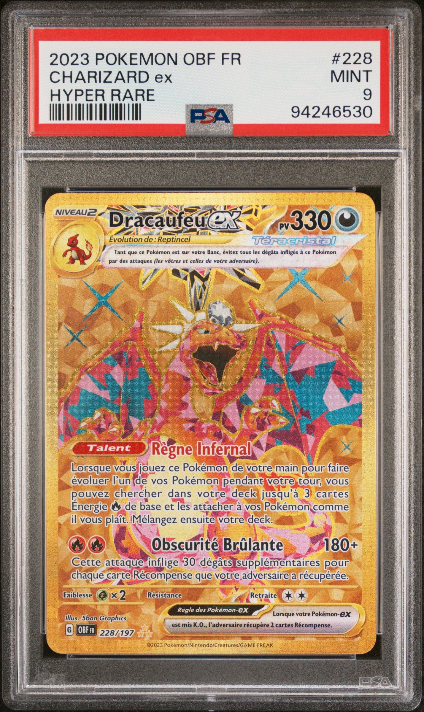 Carte Pokémon Dracaufeu ex Gold Flamme obsidienne 228/197 PSA9